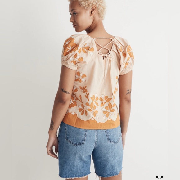 Madewell Floral Embroidered Women’s Top/Blouse • Puff Sleeves • Pink and Orange - Picture 3 of 6